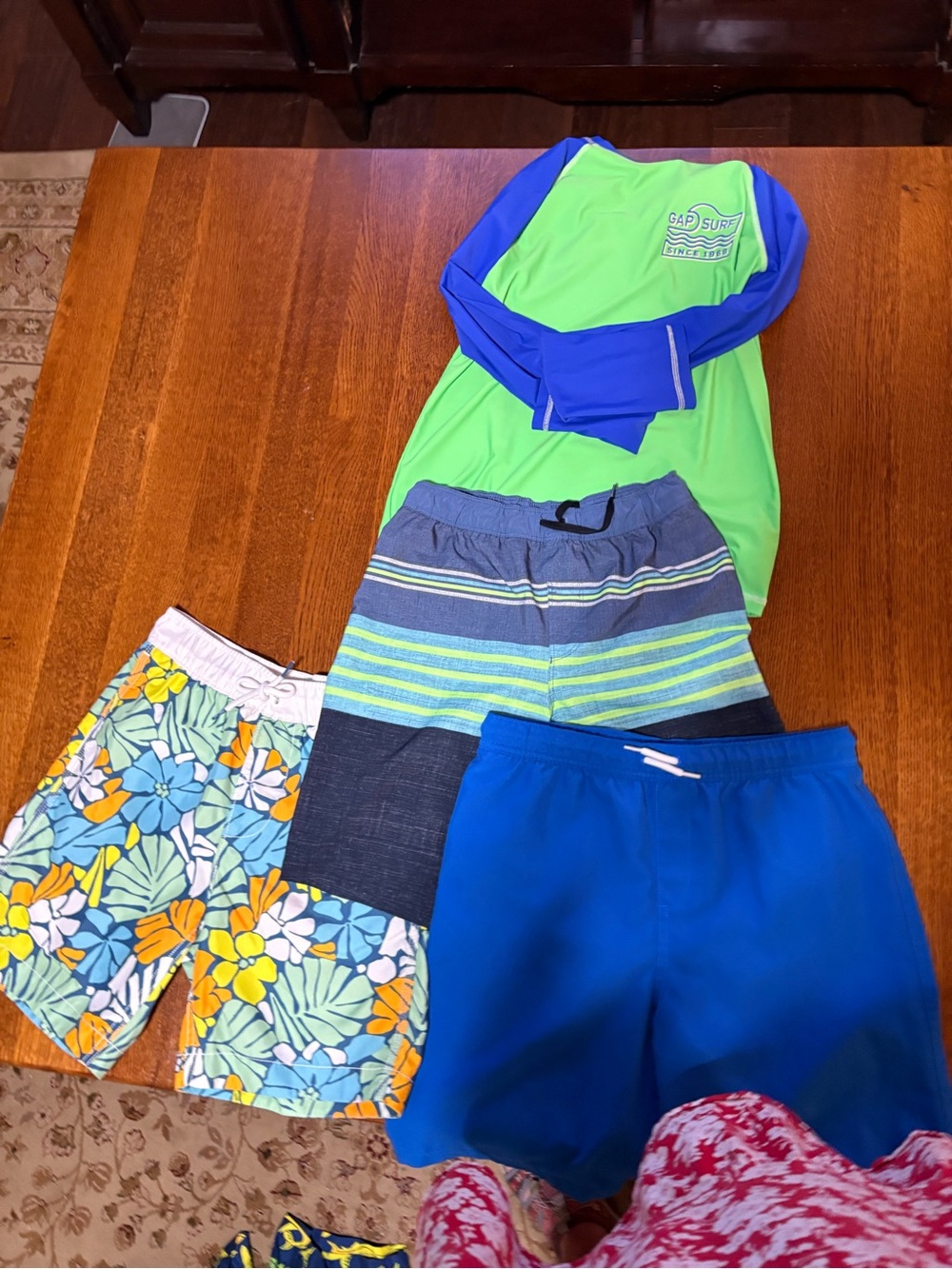 Lands' End Blue Swim Trunks with Lime & Gray Stripe Accent 4 pc set